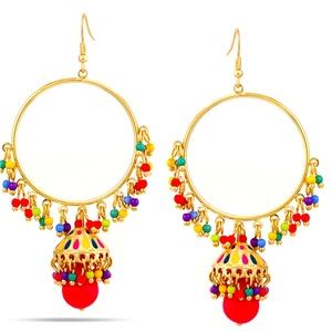 Gold Multicolor Beads Fuchsia Teardrop Earrings